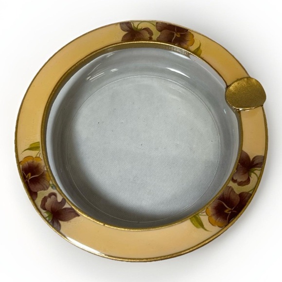 Vintage Art Deco Enameled Brass and Glass Ashtray Yellow w/ Flowers Pansies - Picture 2 of 6